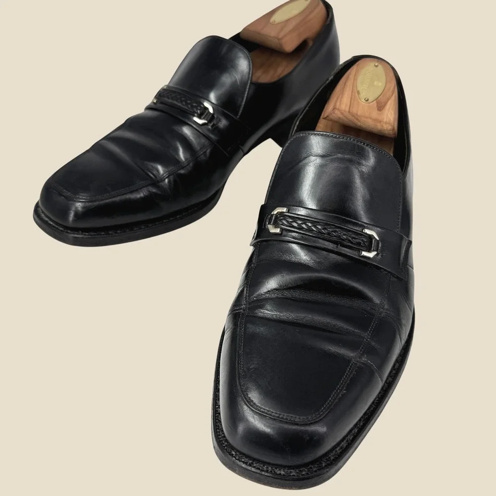 Vintage Florsheim Bit Loafers Men 9.5 D Black Leather Braided Strap Dress Shoes